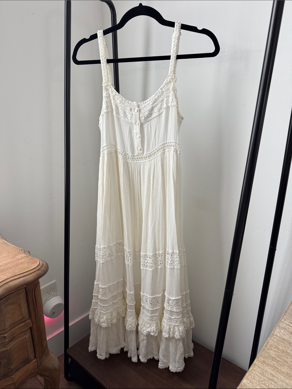 Women's Cream Lace-Trim midi Dress with Button Front